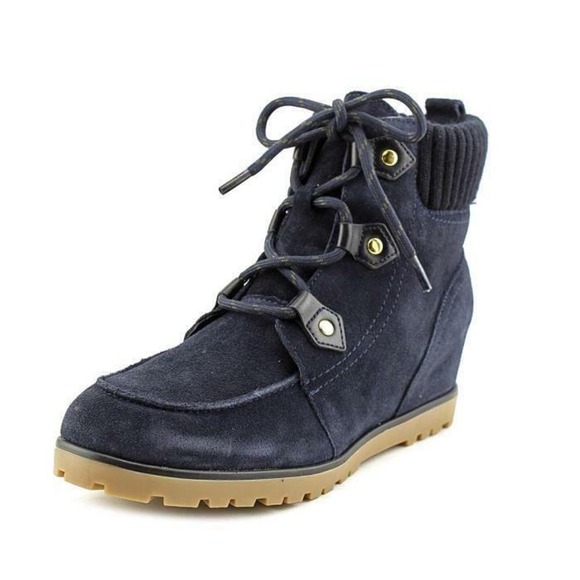 Tommy Hilfiger Serafin Lace Up Wedge Boots Booties Medium Blue Suede - Picture 2 of 8